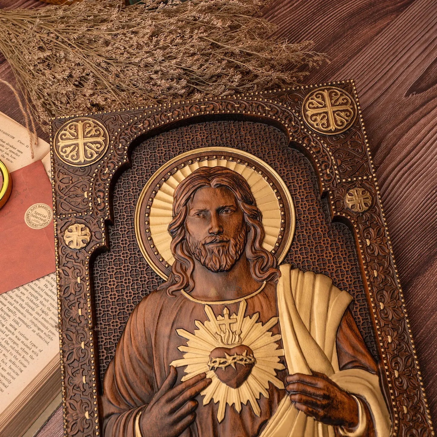 Sacred Heart of Jesus Wood Carved Relief Decor Amen Artisan