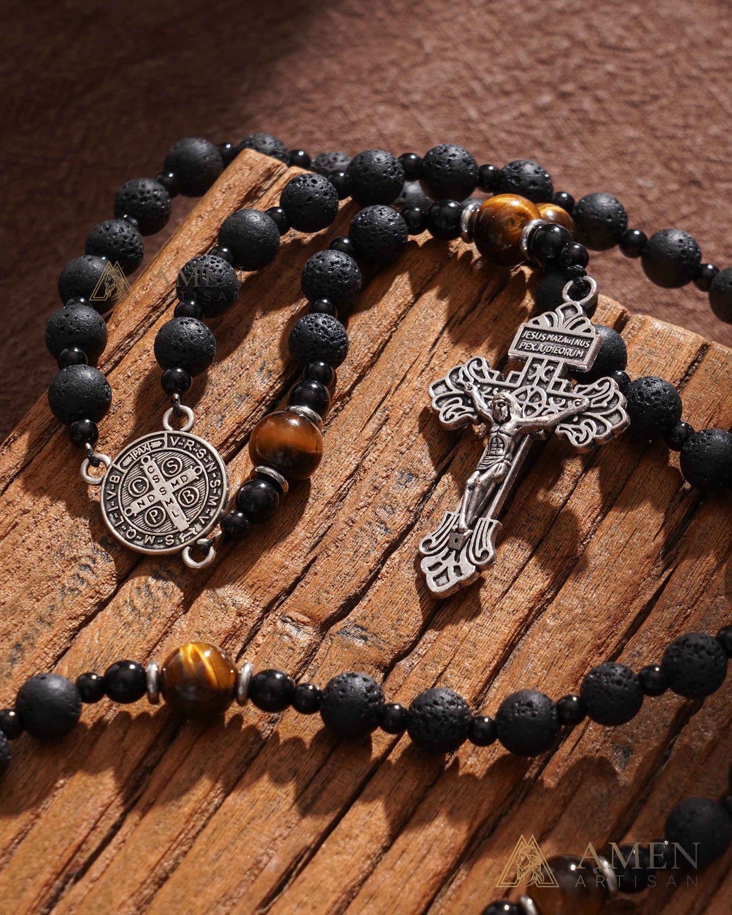 【Deal Today】Natural Lava Stone & Tiger’s Eye Prayer Beads with Vintage-Style Crucifix | Amen Artisan