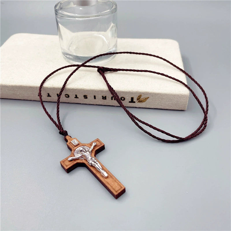 Amen Artisan Wood Inlaid Metal Crucifix Cross Necklace