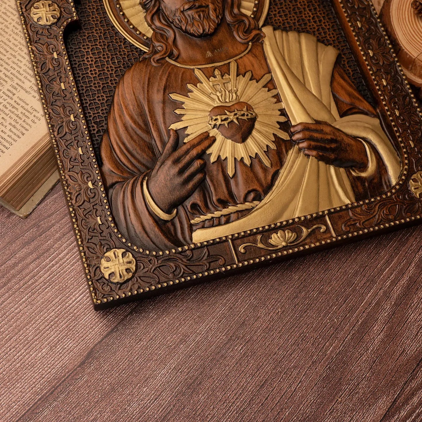 Sacred Heart of Jesus Wood Carved Relief Decor Amen Artisan