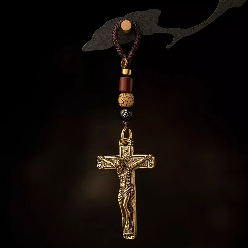 Colar de crucifixo vintage de latão com tristeza