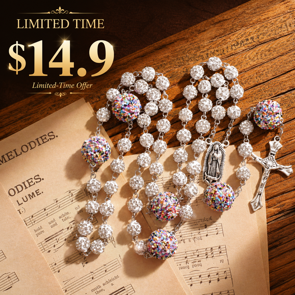 【DEAL TODAY】Our Lady of Guadalupe Five-Decade Rosary with Sparkling Rhinestone Beads and Colorful Sequin Accents — Grace and Devotion | Amen Artisan