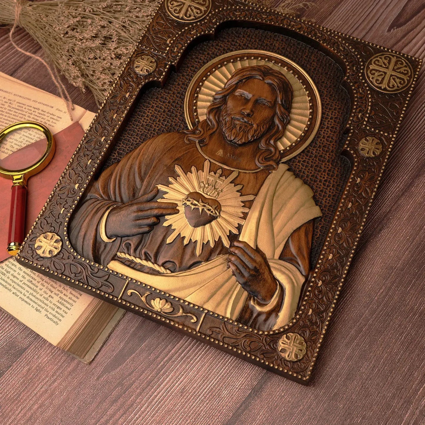 Sacred Heart of Jesus Wood Carved Relief Decor Amen Artisan