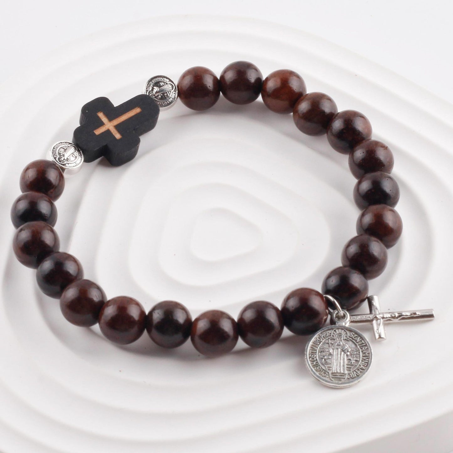 Handwoven Beads Made of Saint Benedict Cross Sandalwood Bracelet | Amen Artisan