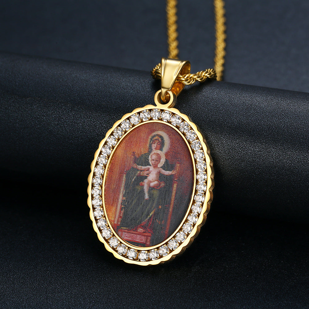 Holy Mother Photo Memorial Titanium Steel Zircon Necklace | Amen Artisan