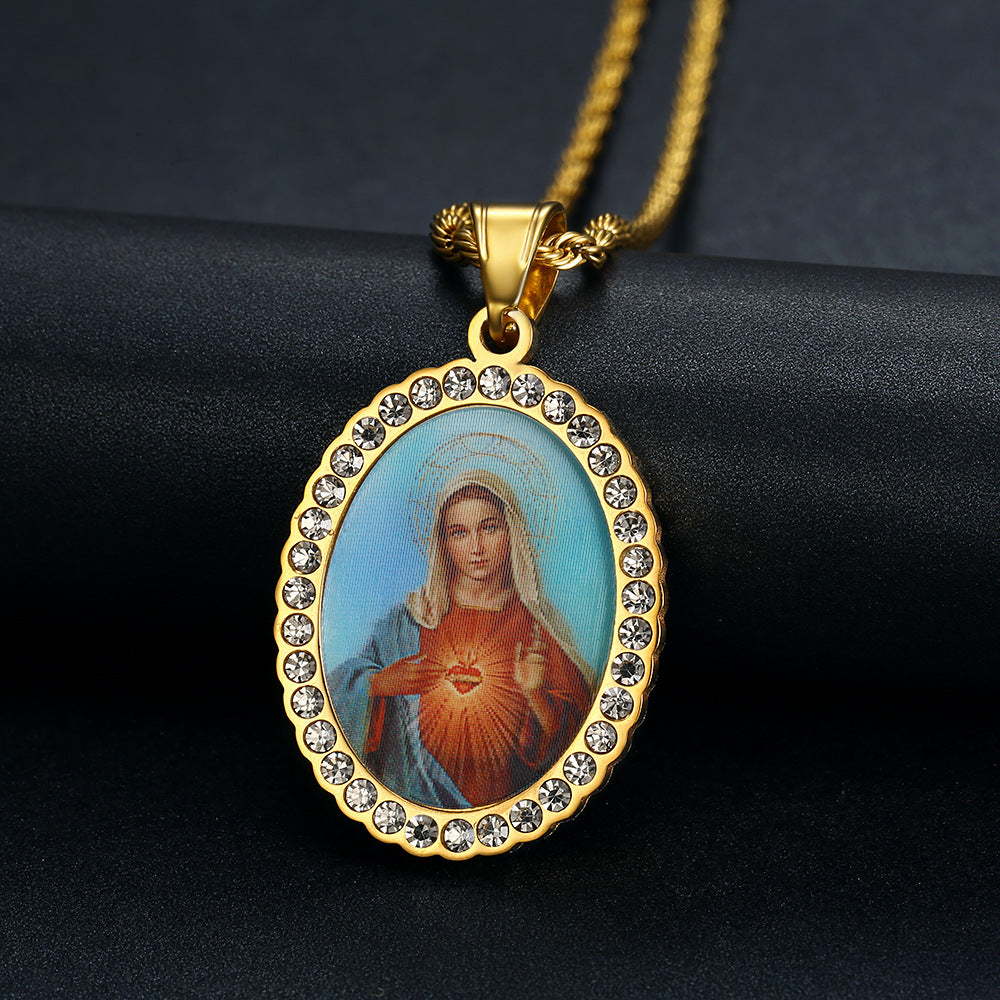 Holy Mother Photo Memorial Titanium Steel Zircon Necklace | Amen Artisan