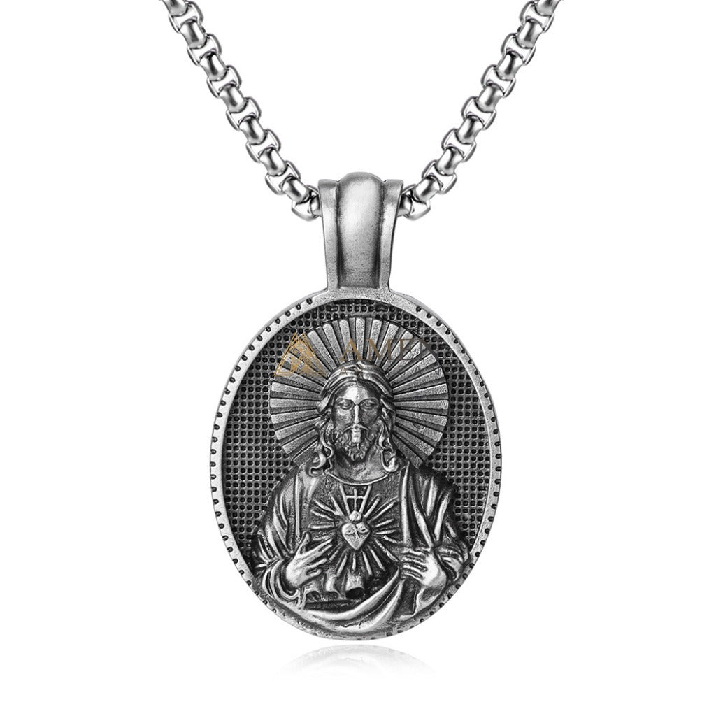 Sacred Heart of Jesus Oval Pendant Necklace Amen Artisan