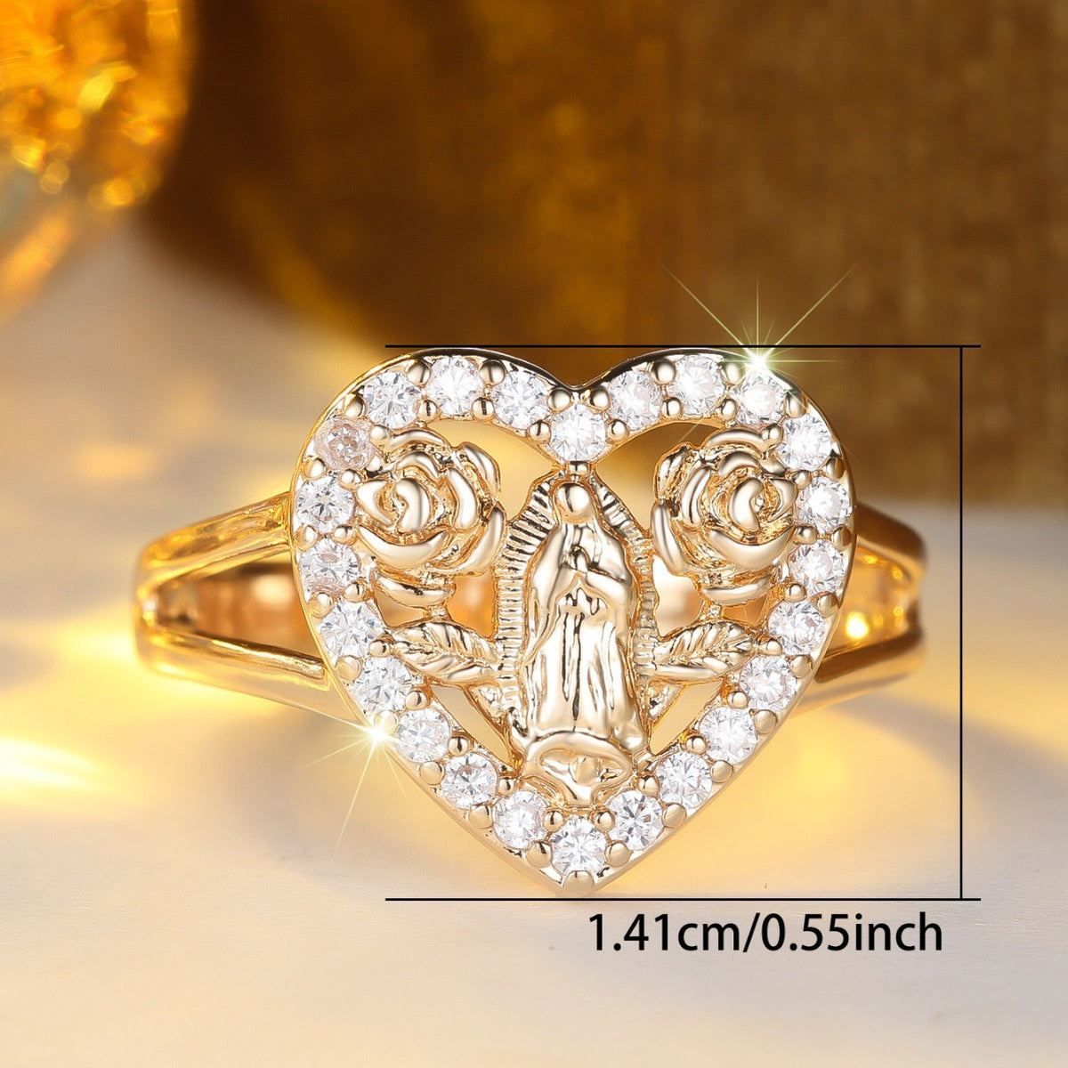 Virgin Mary Heart Ring with Rose Details
