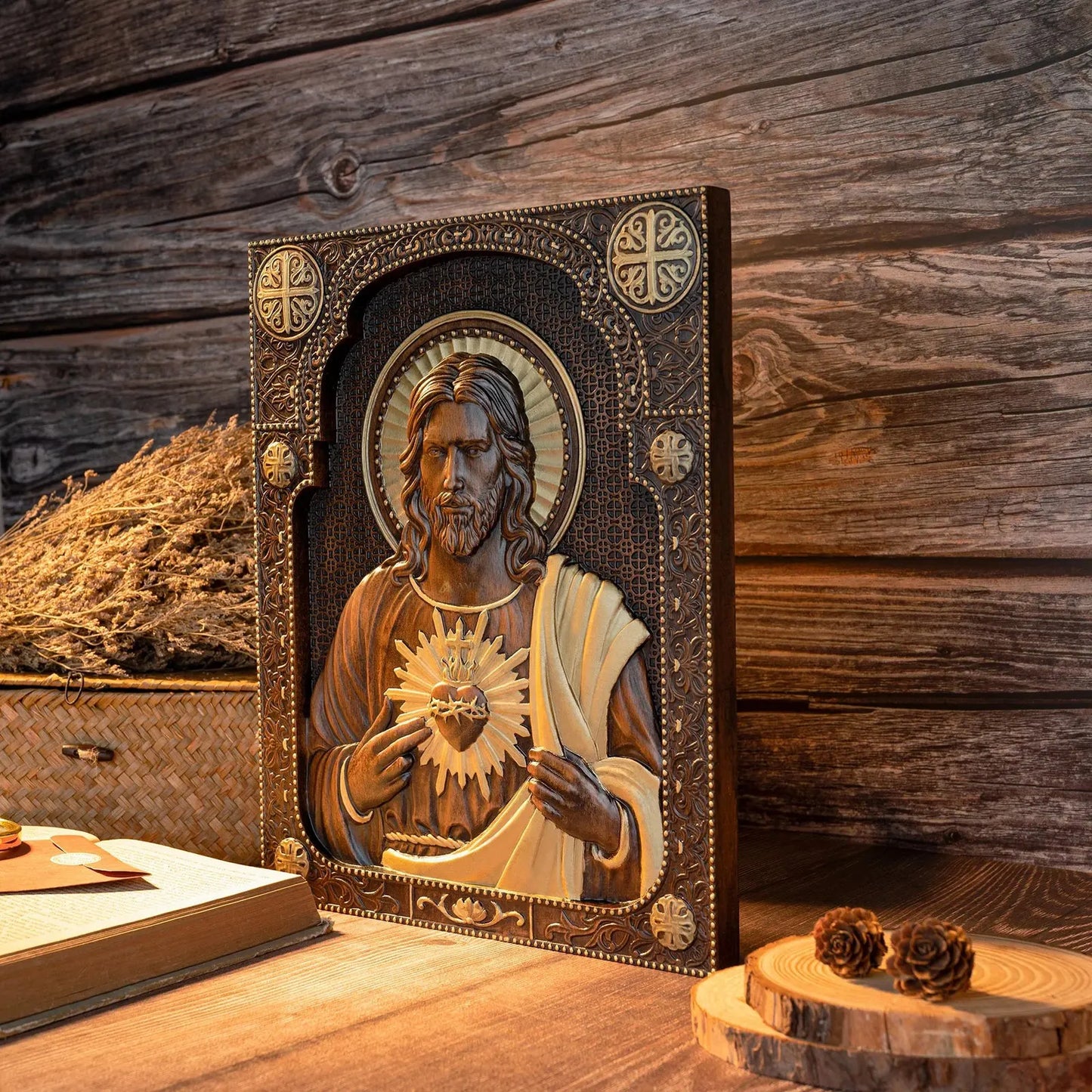 Sacred Heart of Jesus Wood Carved Relief Decor Amen Artisan