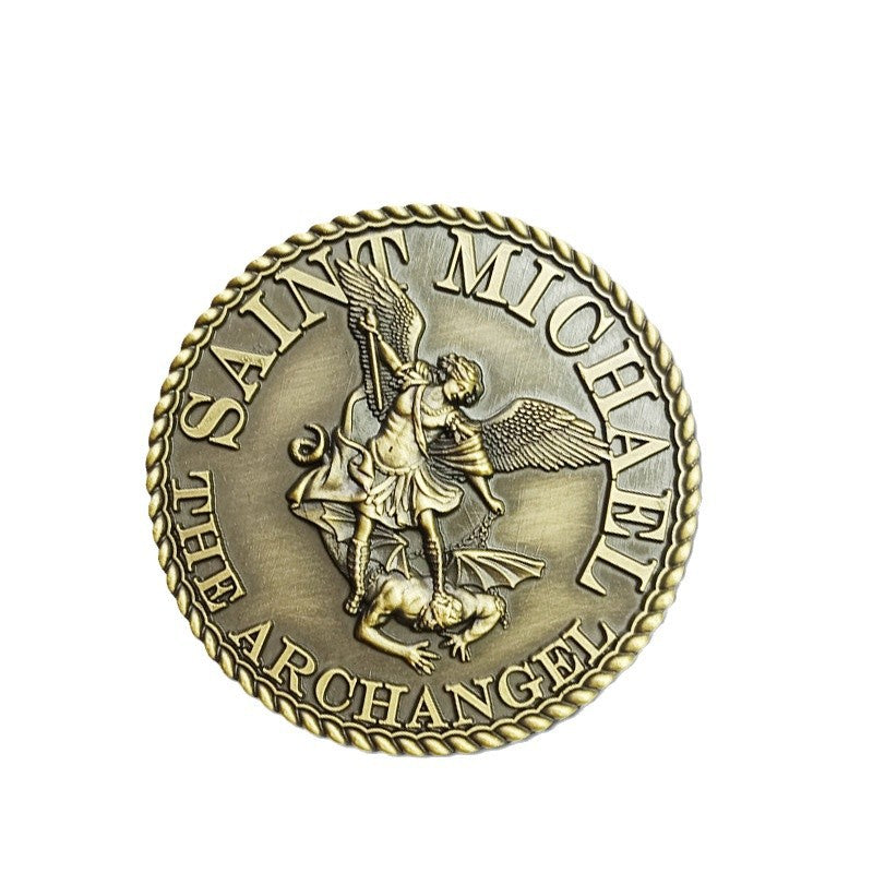 St Michael Challenge Coin – Antique Bronze Archangel Defeating Dragon Medal with Prayer -Amen Artisan
