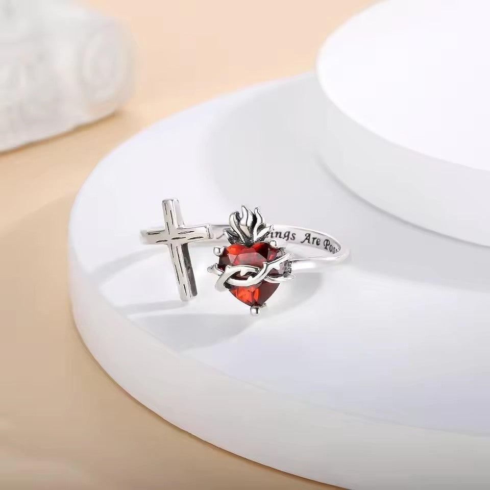 Anel aberto com cruz do Sagrado Coração Artesanal Amém