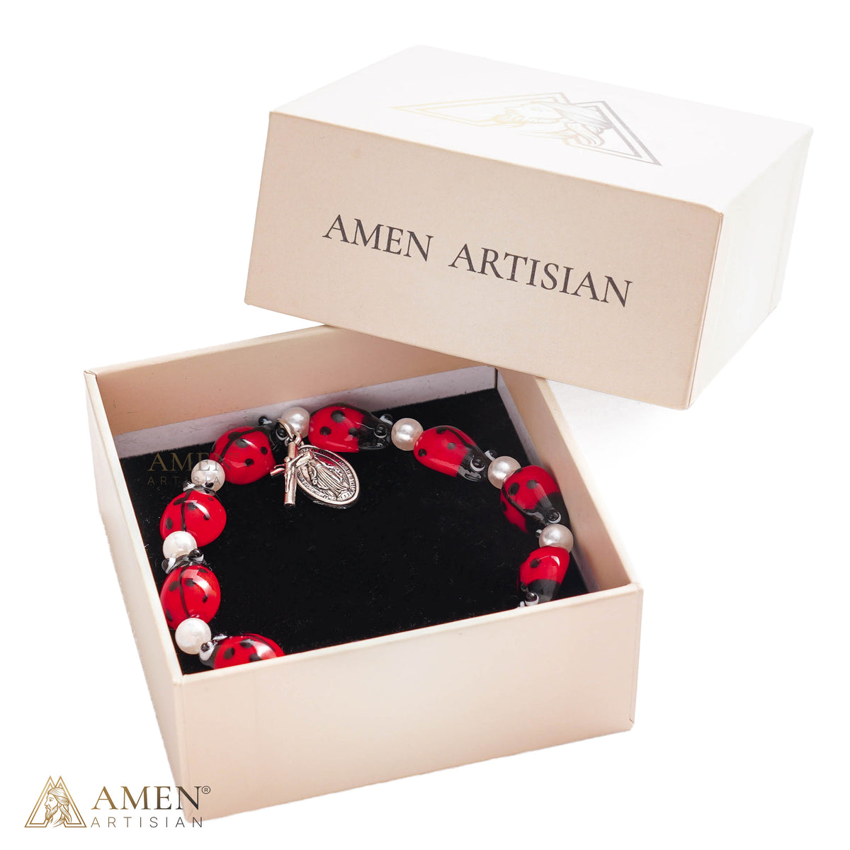 Glass Ladybug Catholic Stretch Bracelet
