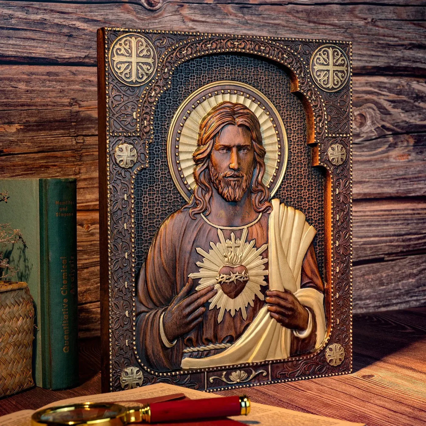 Sacred Heart of Jesus Wood Carved Relief Decor Amen Artisan