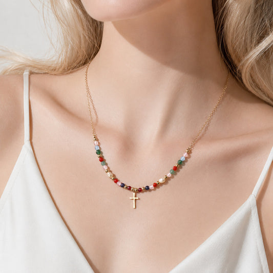 【DEAL TODAY】Colorful Beaded Cross Necklace with Natural Stone Details