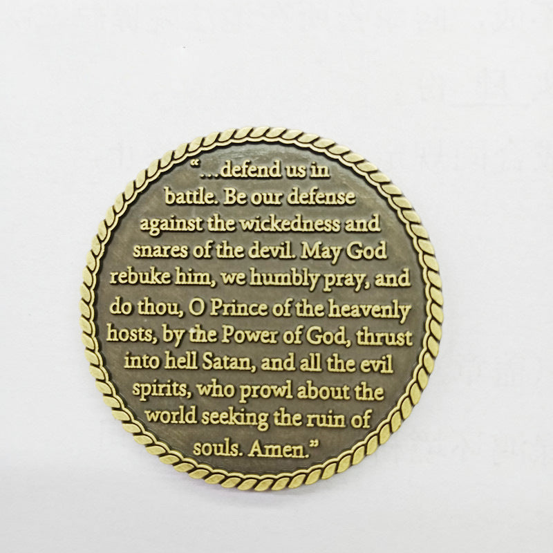 St Michael Challenge Coin – Antique Bronze Archangel Defeating Dragon Medal with Prayer -Amen Artisan