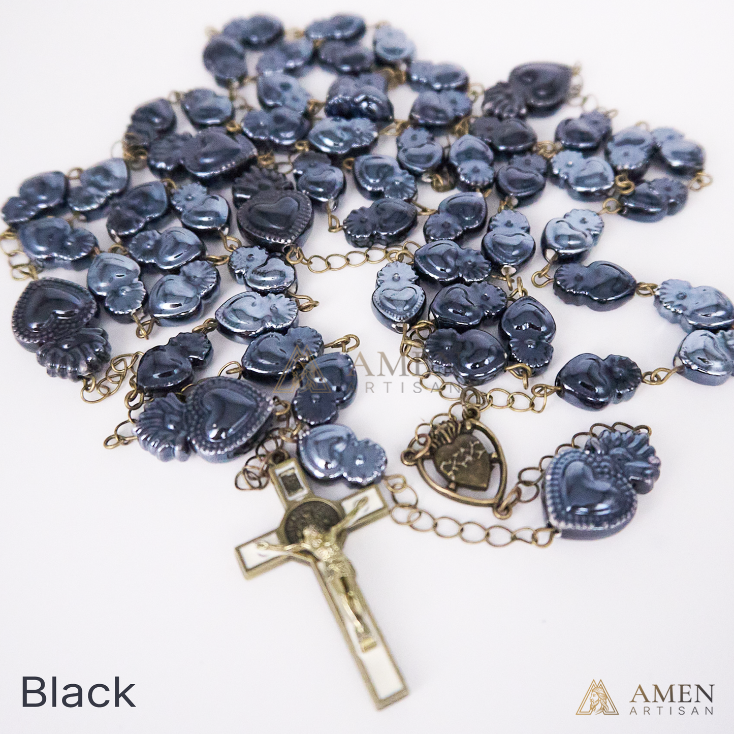 Rosario de cerámica con cuentas del Sagrado Corazón - Estilo bronce vintage - Amen Artisan