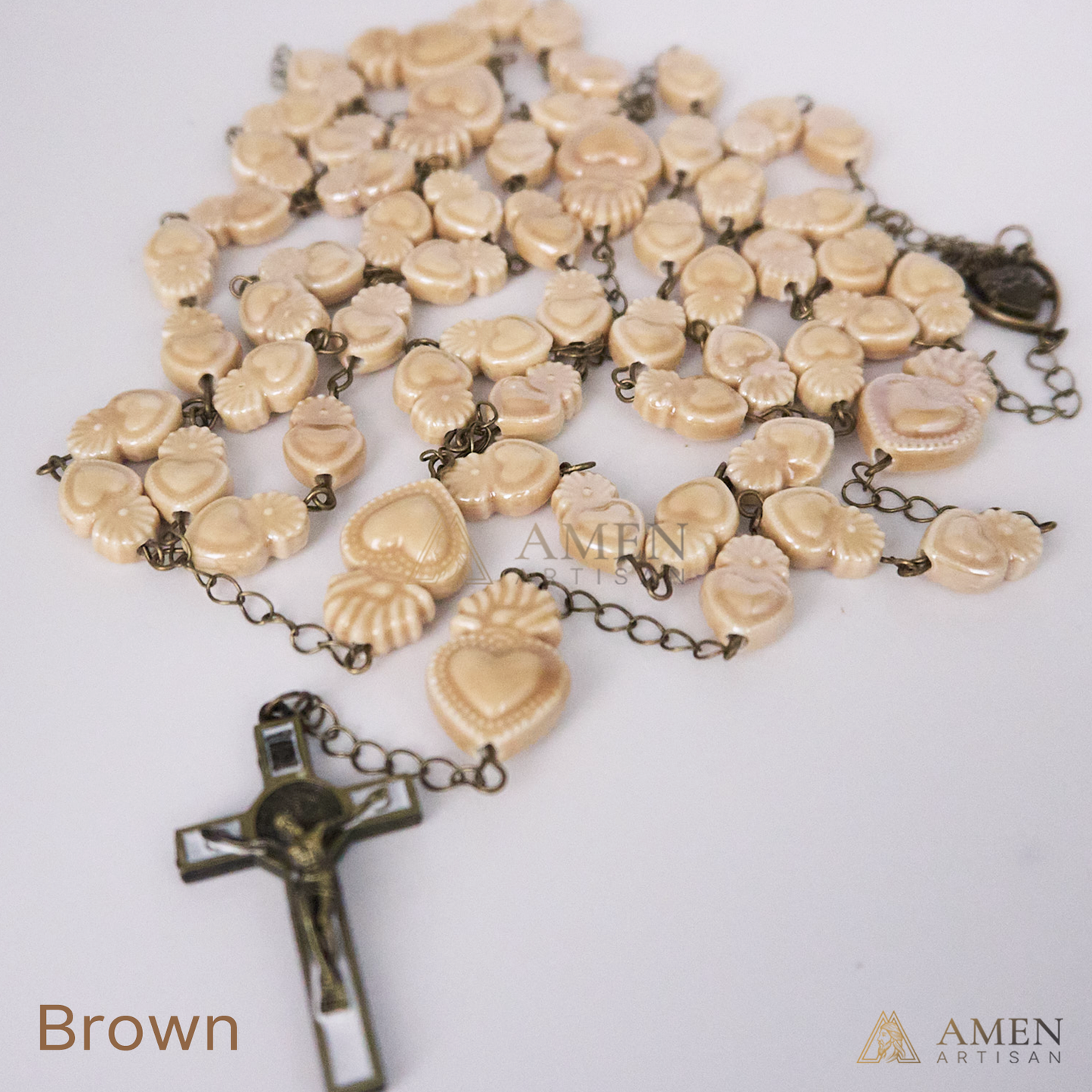 Rosario de cerámica con cuentas del Sagrado Corazón - Estilo bronce vintage - Amen Artisan