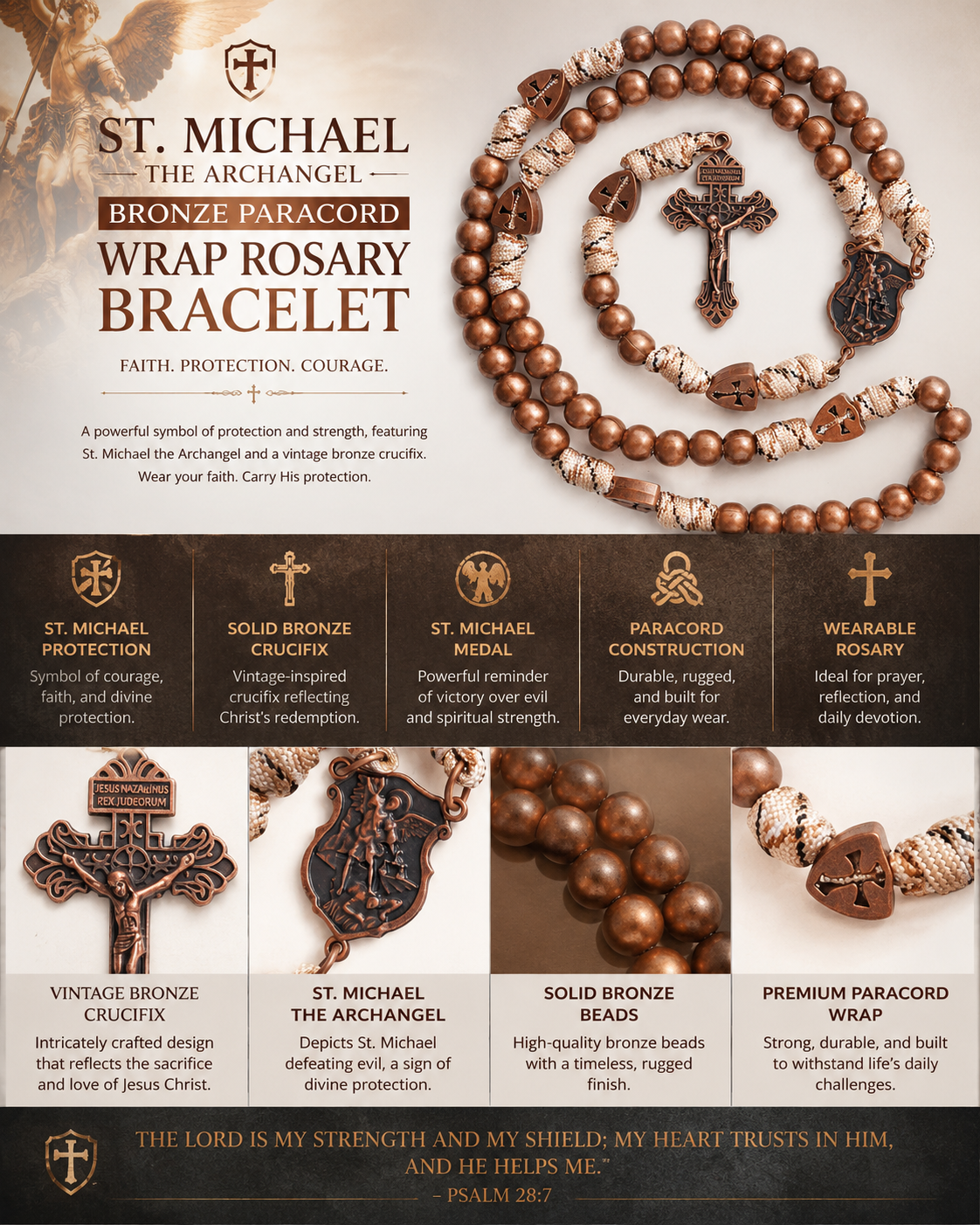 【Deal Today】St. Michael the Archangel Bronze Paracord Wrapped Rosary Bracelet – Faith & Protection Amen Artisan