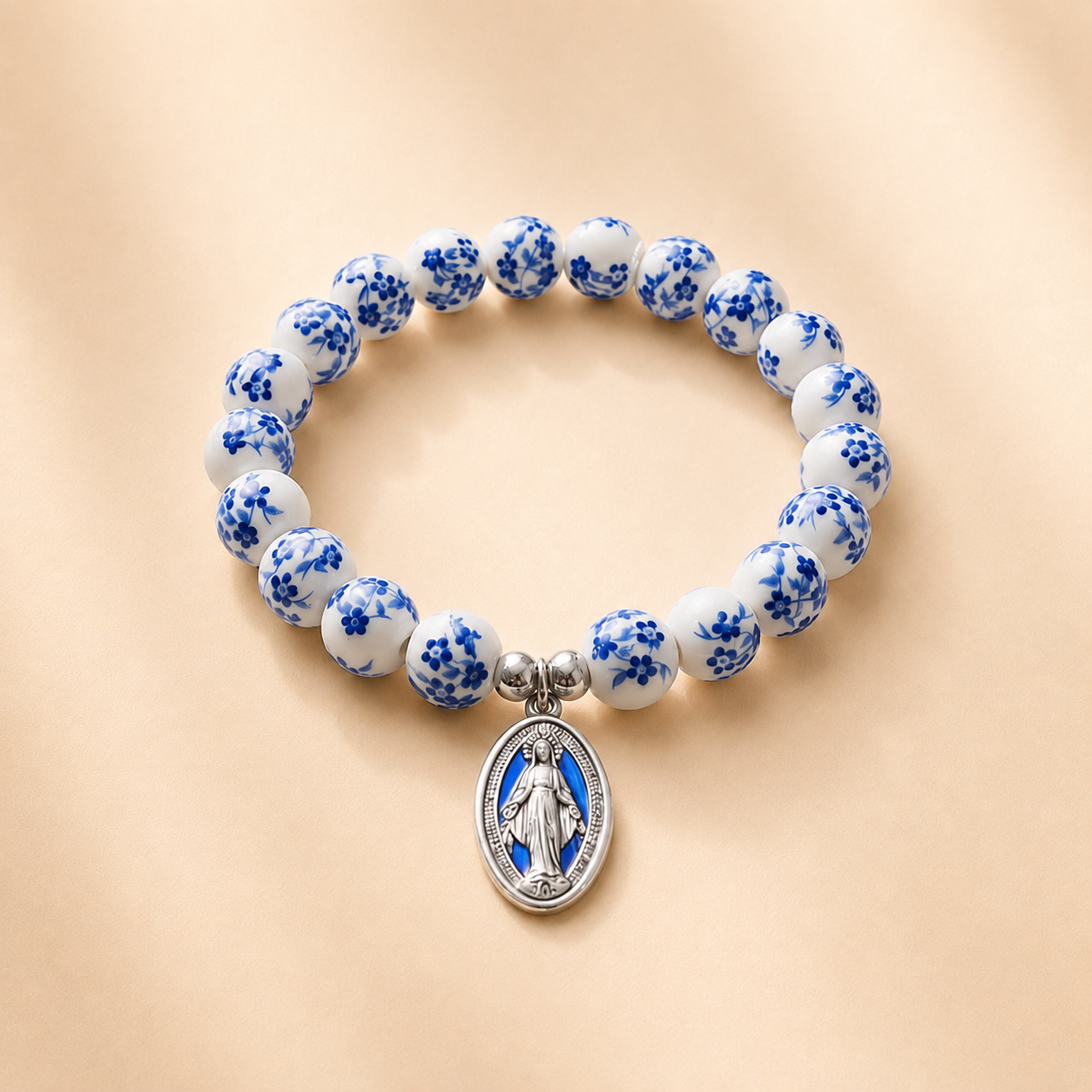 Ceramic Flower Beads Miraculous Medal Stretch Bracelet Amen Artisan
