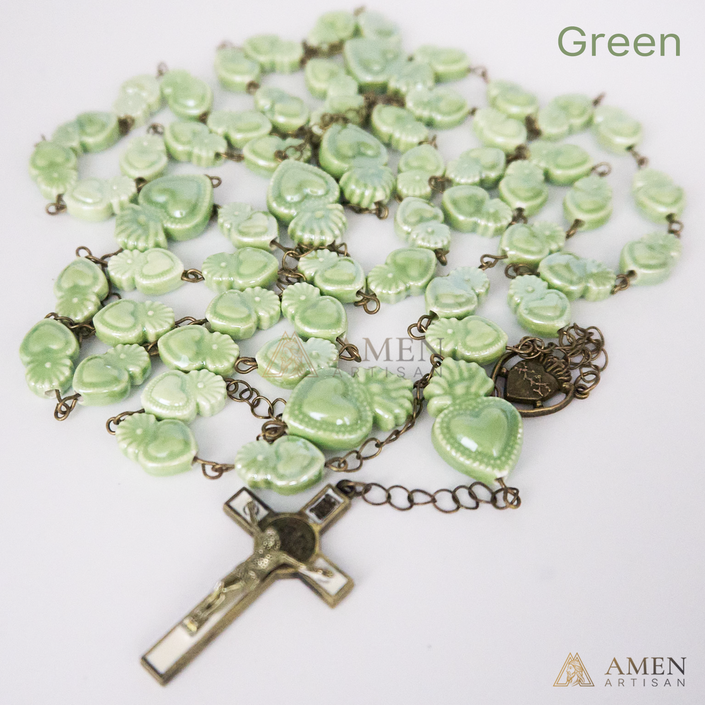 Rosario de cerámica con cuentas del Sagrado Corazón - Estilo bronce vintage - Amen Artisan