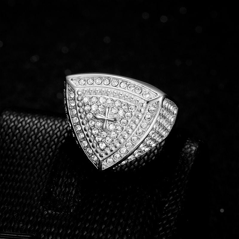 Anel de Cristo em ouro artesanal Amém com diamante e crucifixo