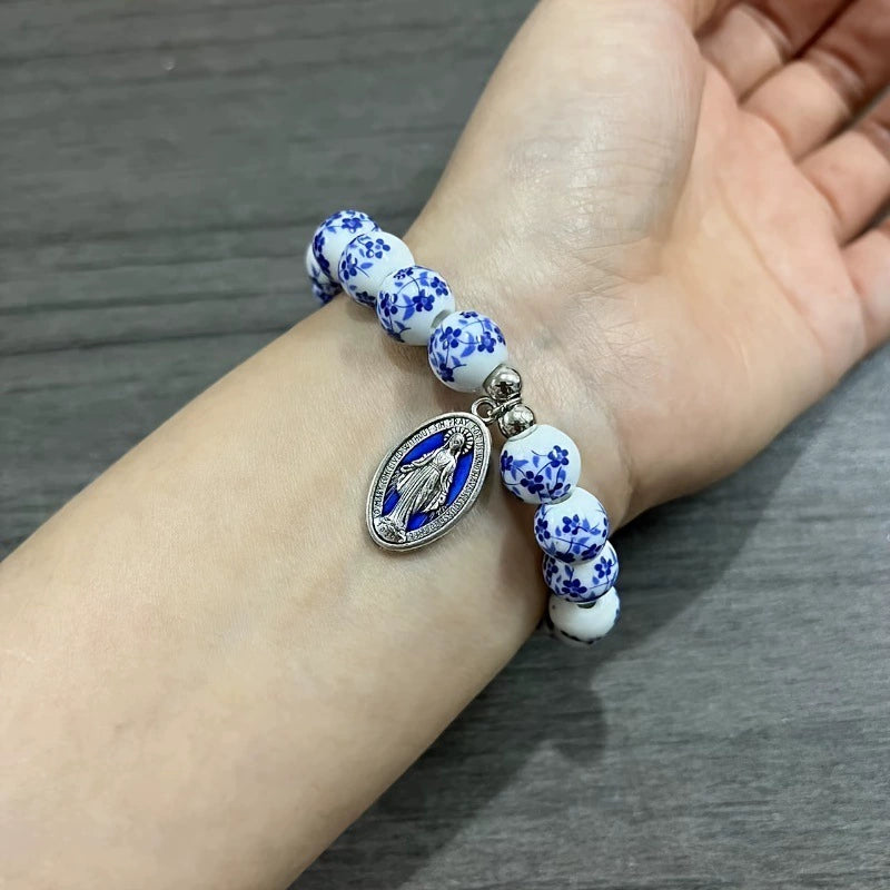 Pulseira Medalha Milagrosa - Contas de Cerâmica Cordão Elástico Amém Artesanal