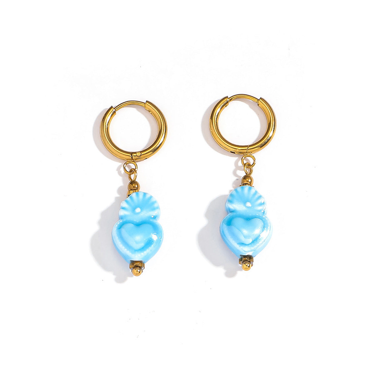 Aqua Blue Ceramic Sacred Heart Dangle Hoop Earrings – Gold Stainless Steel, Waterproof & Hypoallergenic