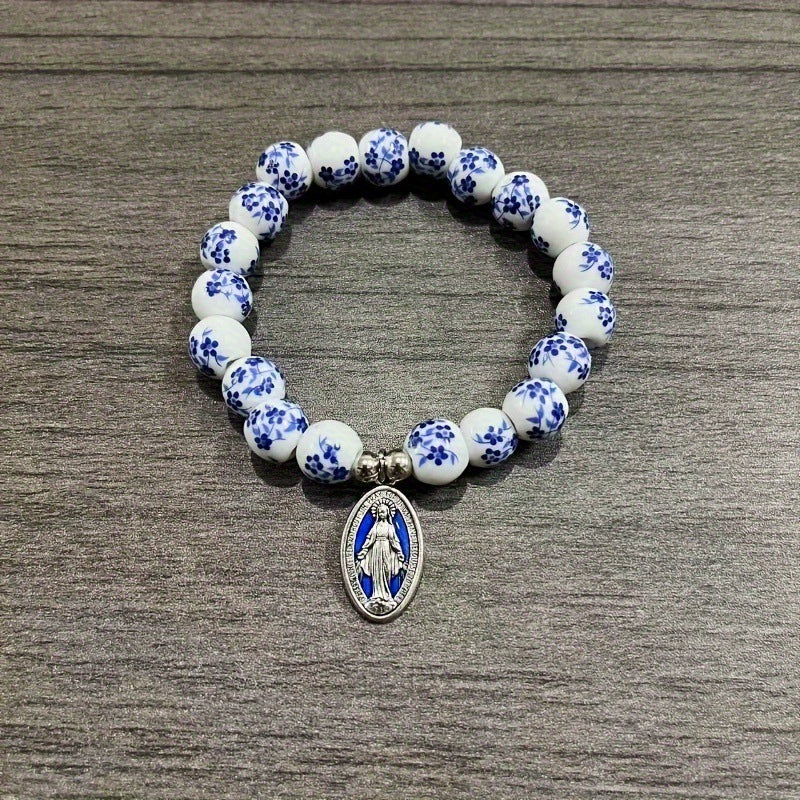 Pulseira Medalha Milagrosa - Contas de Cerâmica Cordão Elástico Amém Artesanal