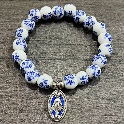 Ceramic Flower Beads Miraculous Medal Stretch Bracelet