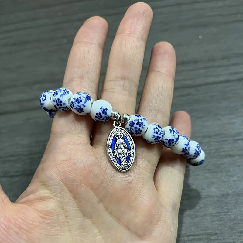 Pulseira Medalha Milagrosa - Contas de Cerâmica Cordão Elástico Amém Artesanal