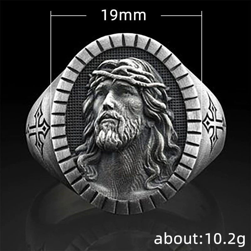 Anillo artesanal con cruz ovalada y retrato de Jesús grabado de Amén