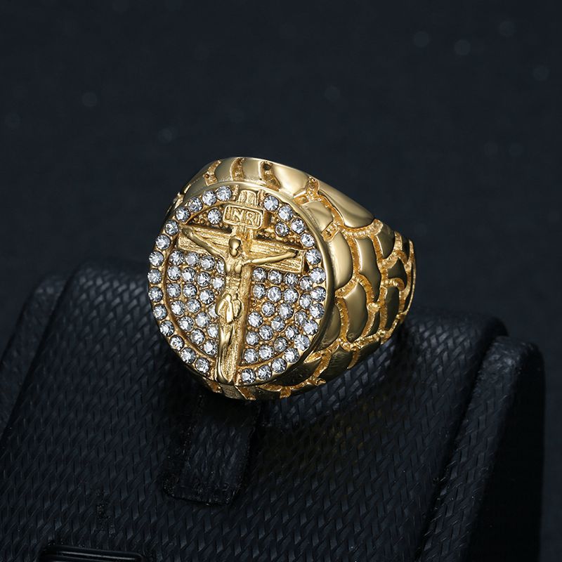 Anel de Cristo com Cruz de Diamante Artesanal Amém