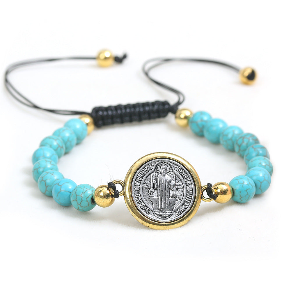 Amen Artisan Turquoise Beads Saint Benedict Medal Adjustable Bracelet