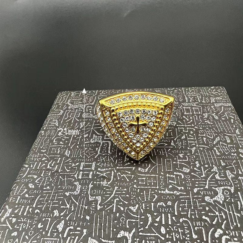 Anel de Cristo em ouro artesanal Amém com diamante e crucifixo