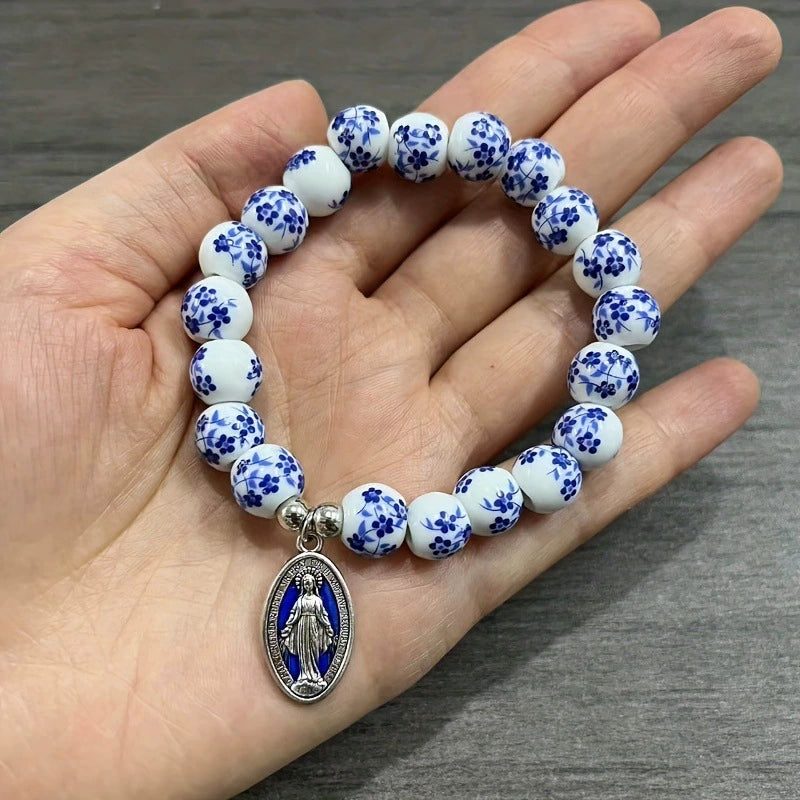 Pulseira Medalha Milagrosa - Contas de Cerâmica Cordão Elástico Amém Artesanal
