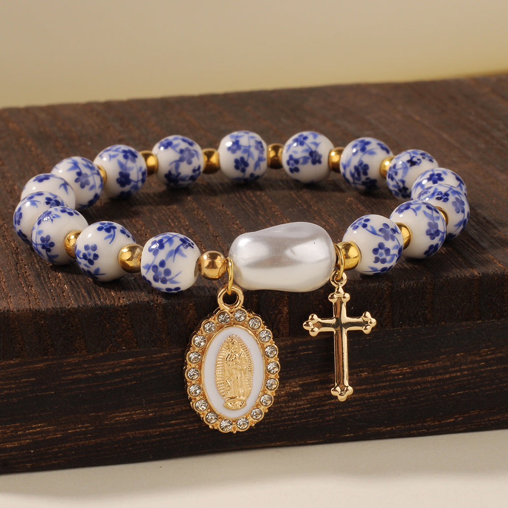 Blue and White Pottery Beads & Baroque Pearl Elastic Cord Cross Bracelet
