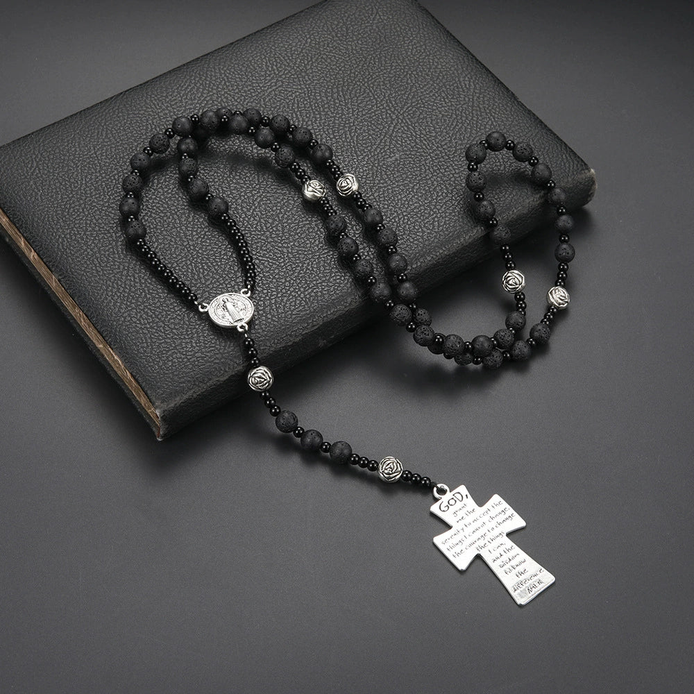 Cruz Rosario Artesanal de Piedra Volcánica Negra Amén