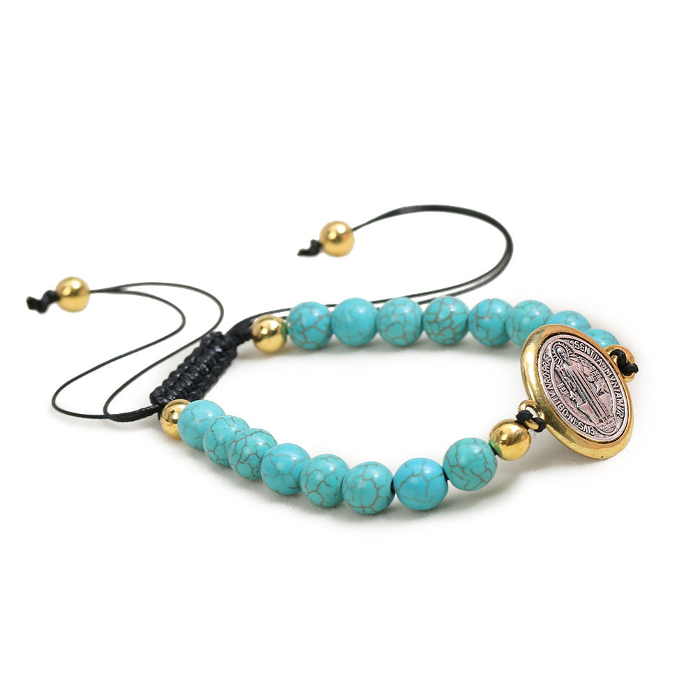 Amen Artisan Turquoise Beads Saint Benedict Medal Adjustable Bracelet