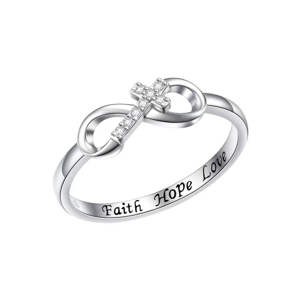 $0.99 Deal - Infinity symbol cross ring engraved with faith, hope and love