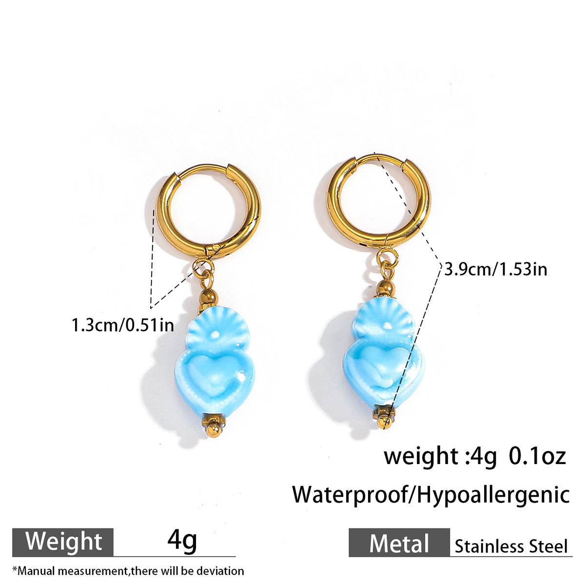 Aqua Blue Ceramic Sacred Heart Dangle Hoop Earrings – Gold Stainless Steel, Waterproof & Hypoallergenic