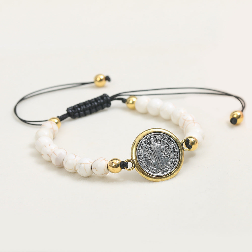 Amen Artisan Turquoise Beads Saint Benedict Medal Adjustable Bracelet