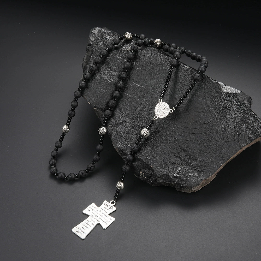Cruz Rosario Artesanal de Piedra Volcánica Negra Amén