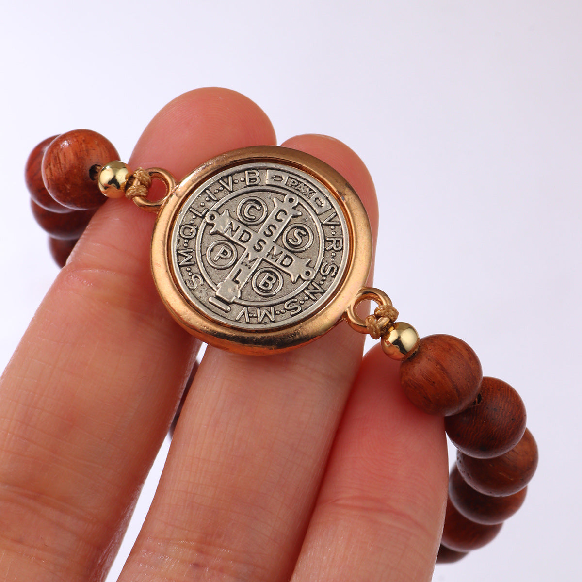 Amen Artisan Wooden Beads Saint Benedict Medal Adjustable Bracelet