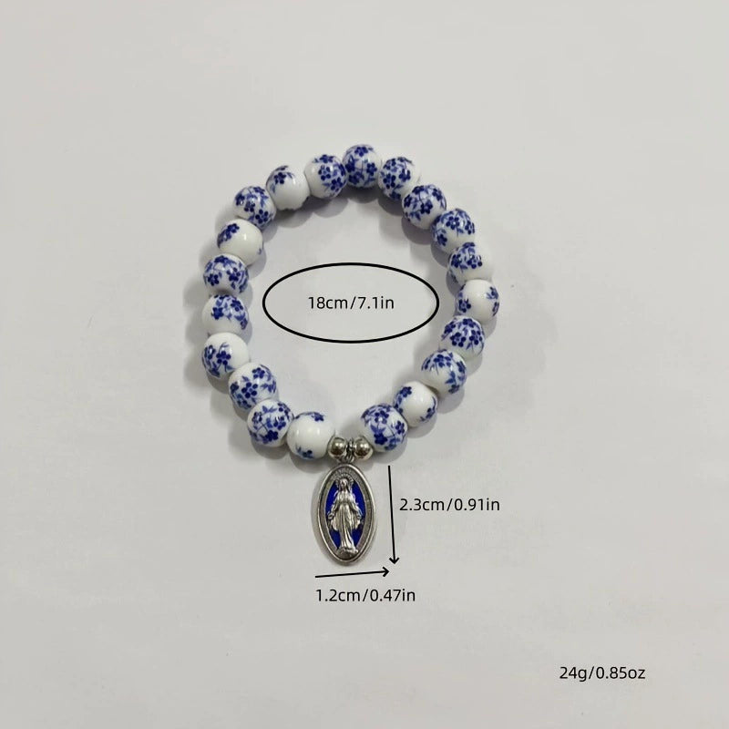 Pulseira Medalha Milagrosa - Contas de Cerâmica Cordão Elástico Amém Artesanal