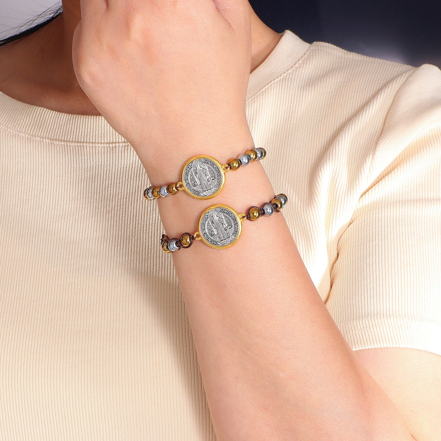 Amen Artisan Gold and Silver Beads Saint Benedict Medal Adjustable Bracelet