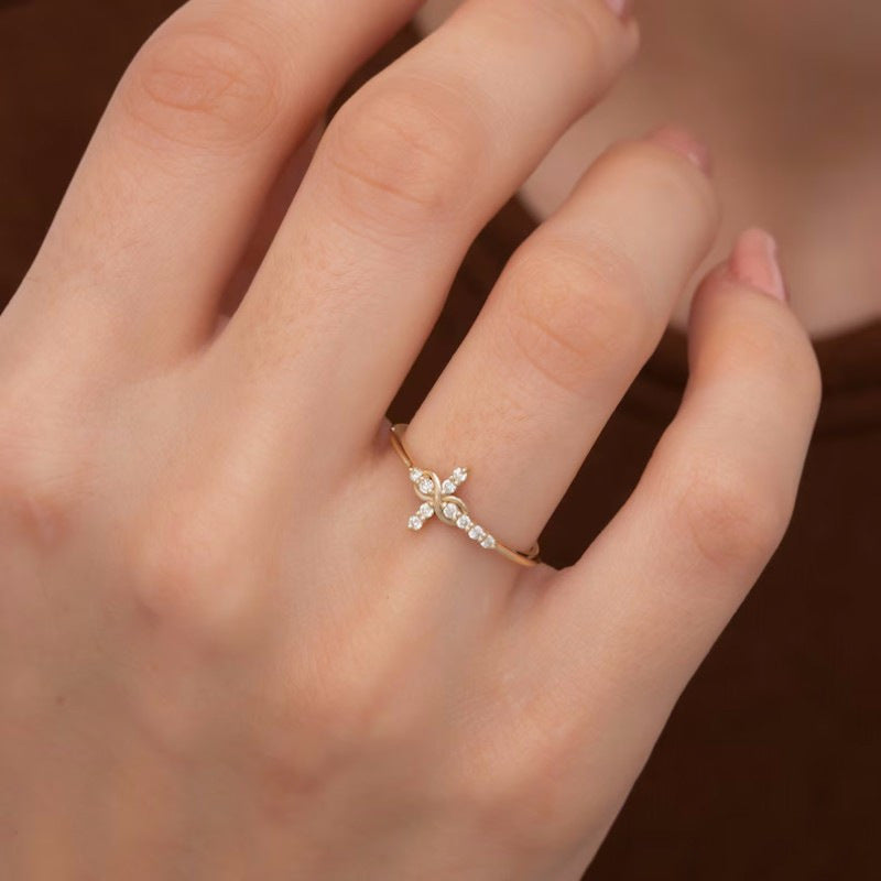 $0.99 Deal - Natural Round Diamond Yellow Gold Cluster Cross Ring