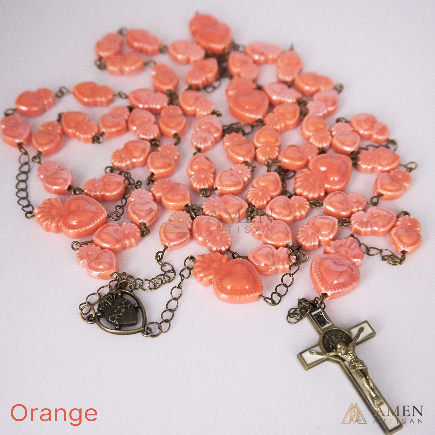 Rosario de cerámica con cuentas del Sagrado Corazón - Estilo bronce vintage - Amen Artisan