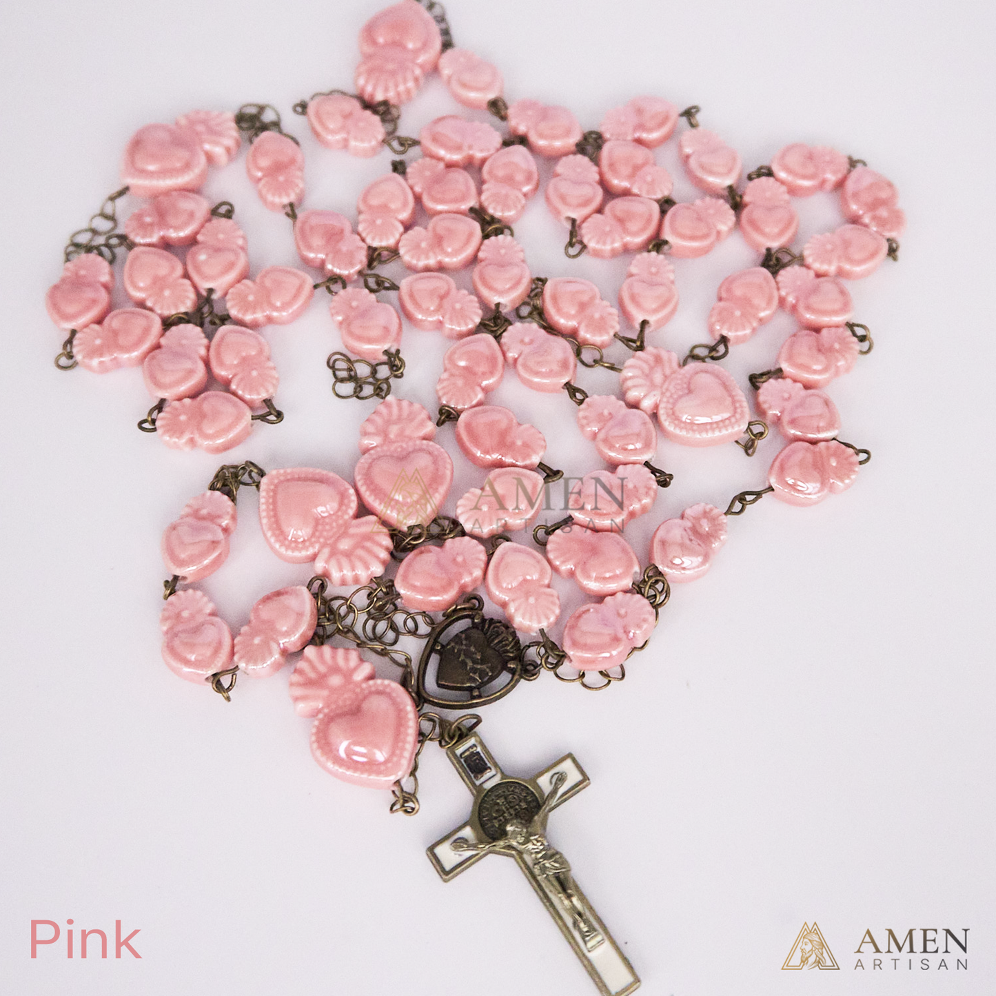Rosario de cerámica con cuentas del Sagrado Corazón - Estilo bronce vintage - Amen Artisan