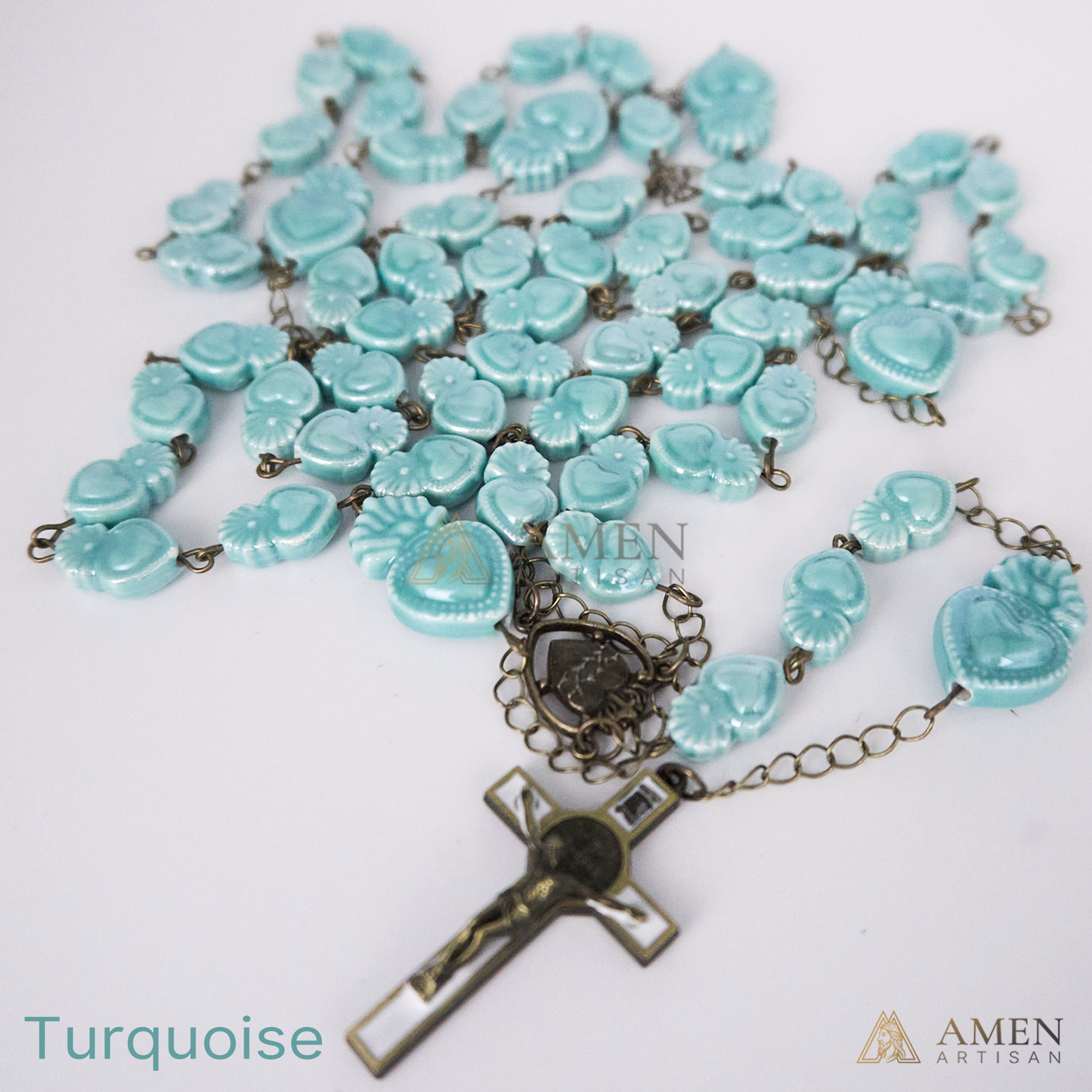 Rosario de cerámica con cuentas del Sagrado Corazón - Estilo bronce vintage - Amen Artisan