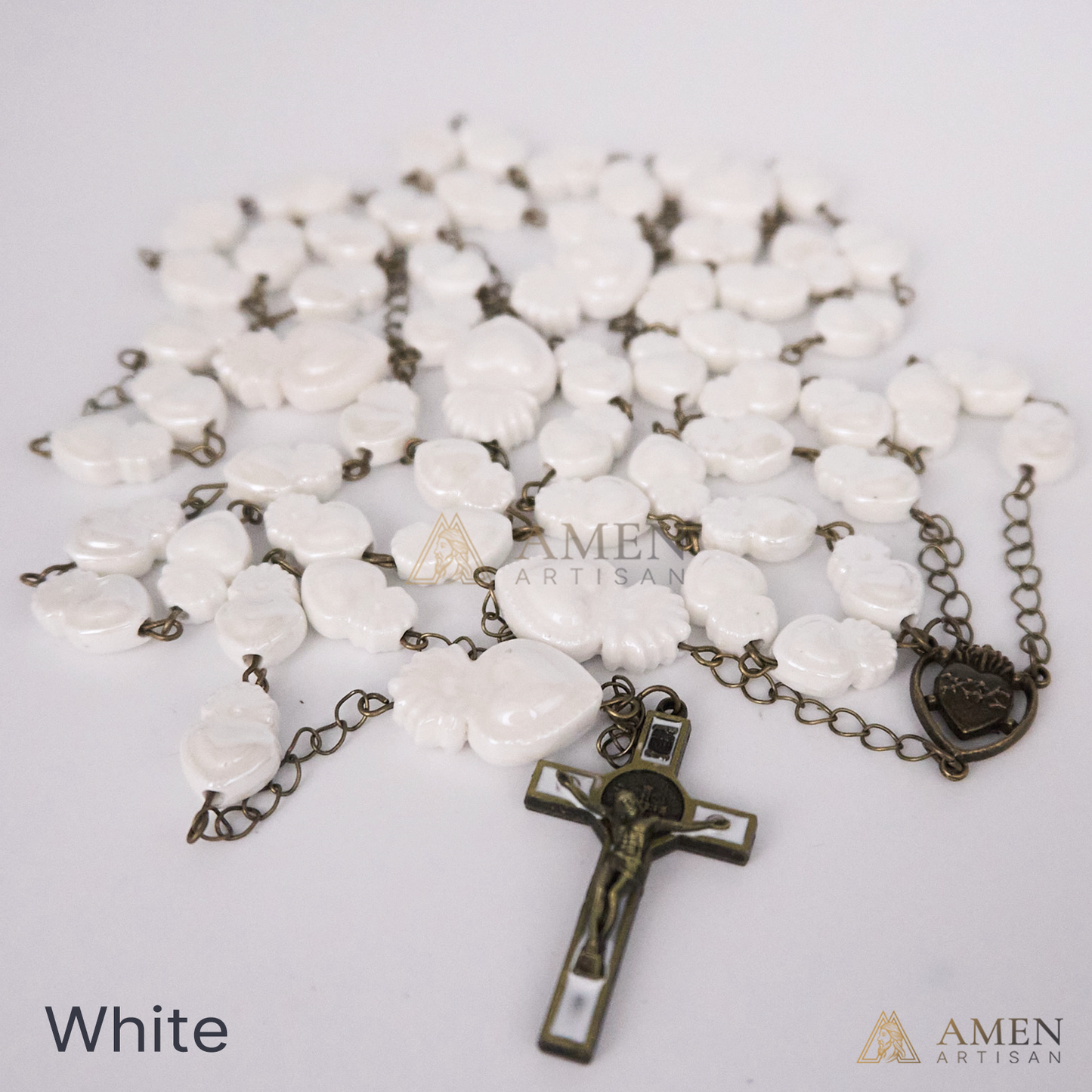 Rosario de cerámica con cuentas del Sagrado Corazón - Estilo bronce vintage - Amen Artisan